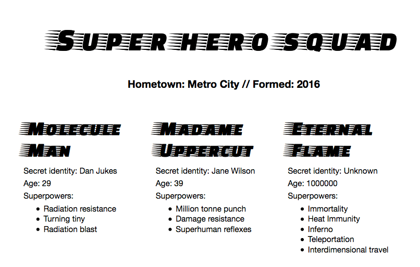 Bild eines Dokuments mit dem Titel "Super hero squad" (in einer eleganten Schriftart) und dem Untertitel "Hometown: Metro City // Formed: 2016". Drei darunter liegende Spalten sind mit "Molecule Man", "Madame Uppercut" und "Eternal Flame" betitelt. Jede Spalte listet den geheimen Identitätsnamen, das Alter und die Superkräfte des Helden auf.