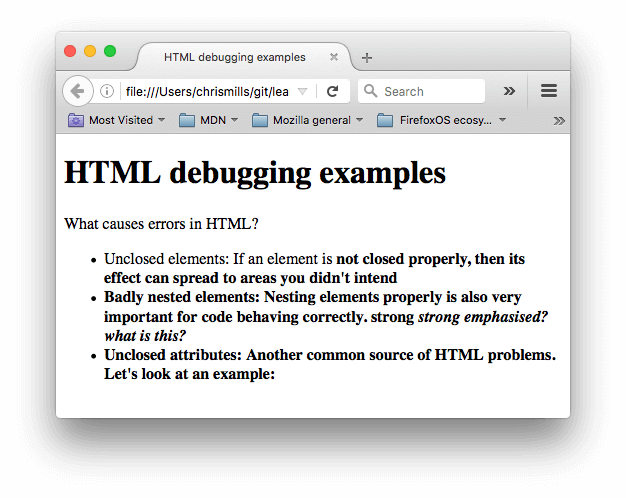 Ein einfaches HTML-Dokument mit dem Titel HTML-Debugging-Beispiele und etwas Informationen zu häufigen HTML-Fehlern wie ungeöffneten Elementen, fehlerhaft geschachtelten Elementen und ungeöffneten Attributen.