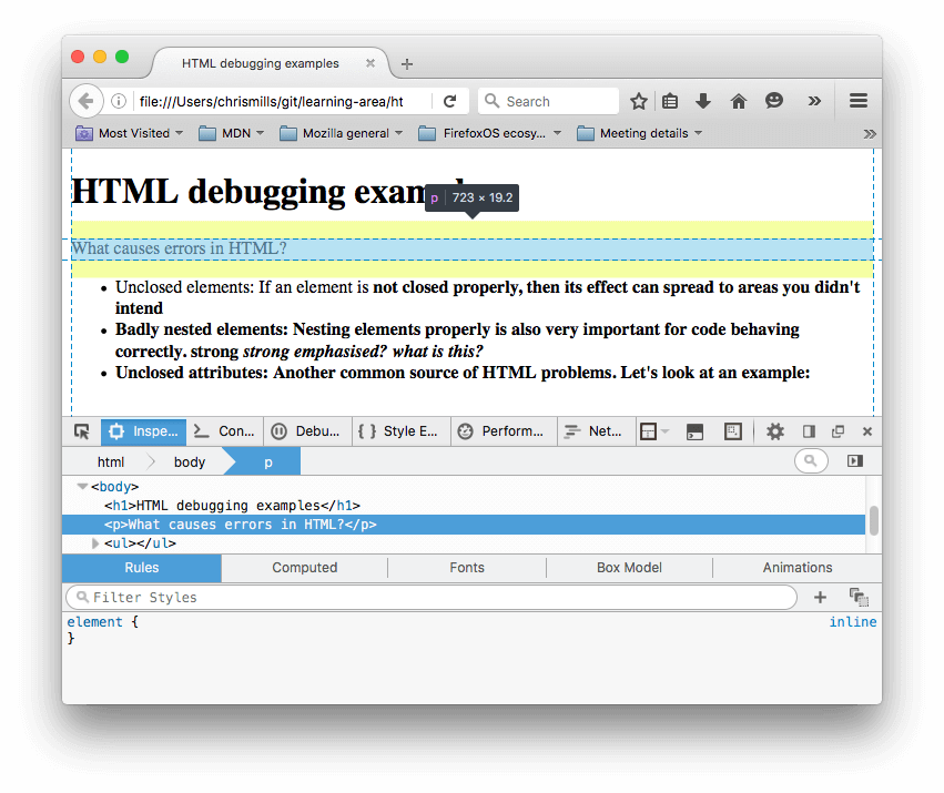 Der HTML-Inspektor in Firefox, mit dem hervorgehobenen Absatz aus unserem Beispiel, der den Text "What causes errors in HTML?" zeigt. Hier können Sie sehen, dass der Absatz vom Browser geschlossen wurde.