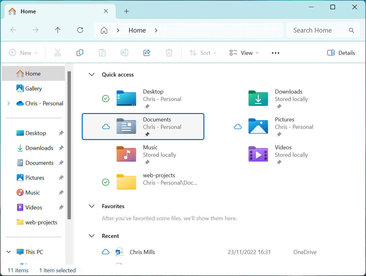 Windows 檔案總管應用程式,顯示一個典型家目錄的內容